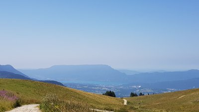 Vue sur le lac du Bourget depuis la piste caillouteuse