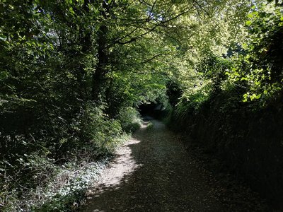 Début du sentier ombragé à proximité du château du Chanay